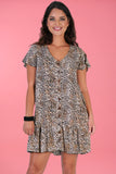 CAP SLEEVE BUTTON DRESS - CHEETAH TAN